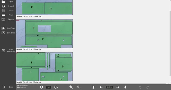 Slab layout view with parts arranged on stone